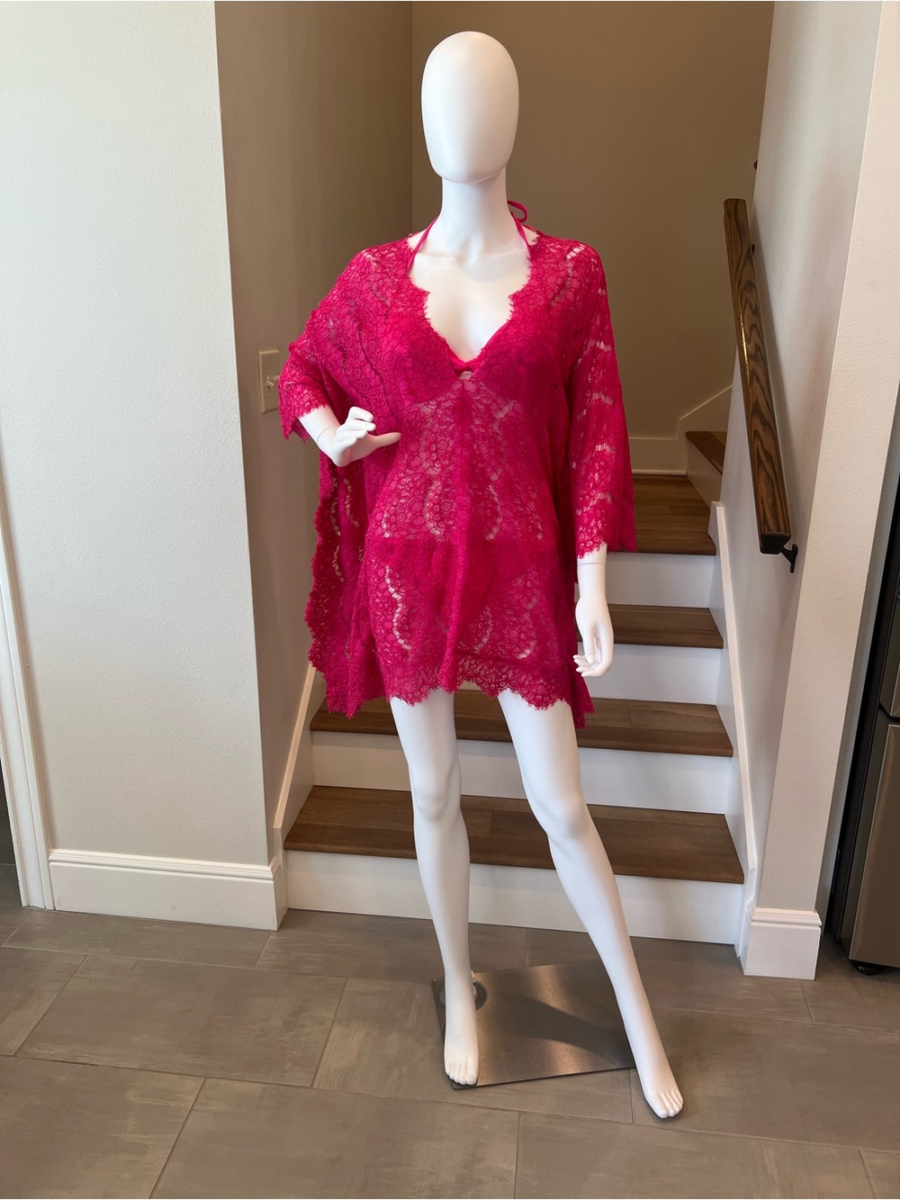 Lace V-Neck Swim Coverup - Hot Pink